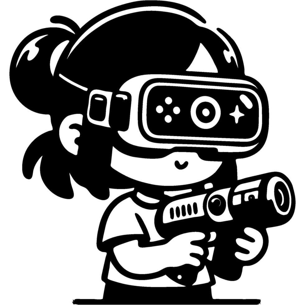 Girl in virtual reality glasses hiding behind cover and aiming with toy blaster in monochrome. Simple minimalistic image in black ink drawing on white background vector