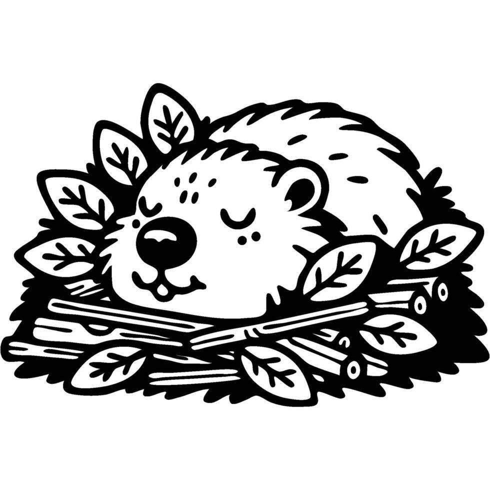 Beaver sleeps in a hole on dry bedding in monochrome. Simple minimalistic image in black ink drawing on white background vector