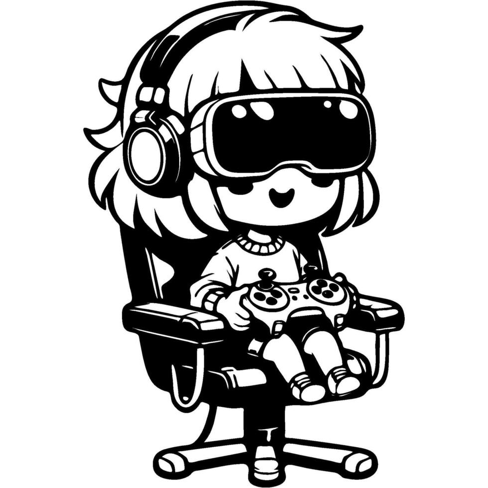 Girl playing computer game in virtual reality glasses with joystick sitting in computer chair in monochrome. Simple minimalistic image in black ink drawing on white background vector