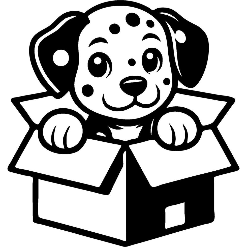 Dalmatian puppy climbed out and looks out of the box in monochrome. Simple minimalistic image in black ink drawing on white background vector