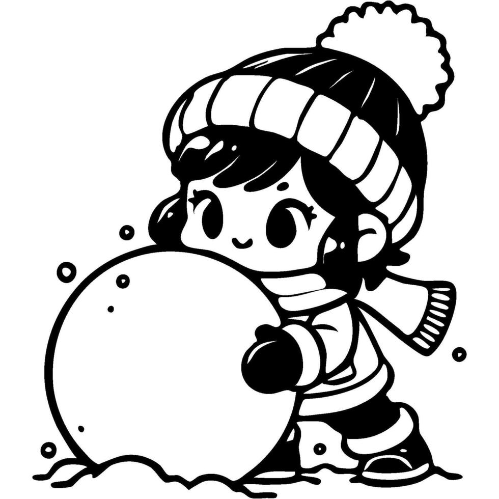 Girl dressed in winter clothes rolling big snowball in monochrome. Simple minimalistic image in black ink drawing on white background vector