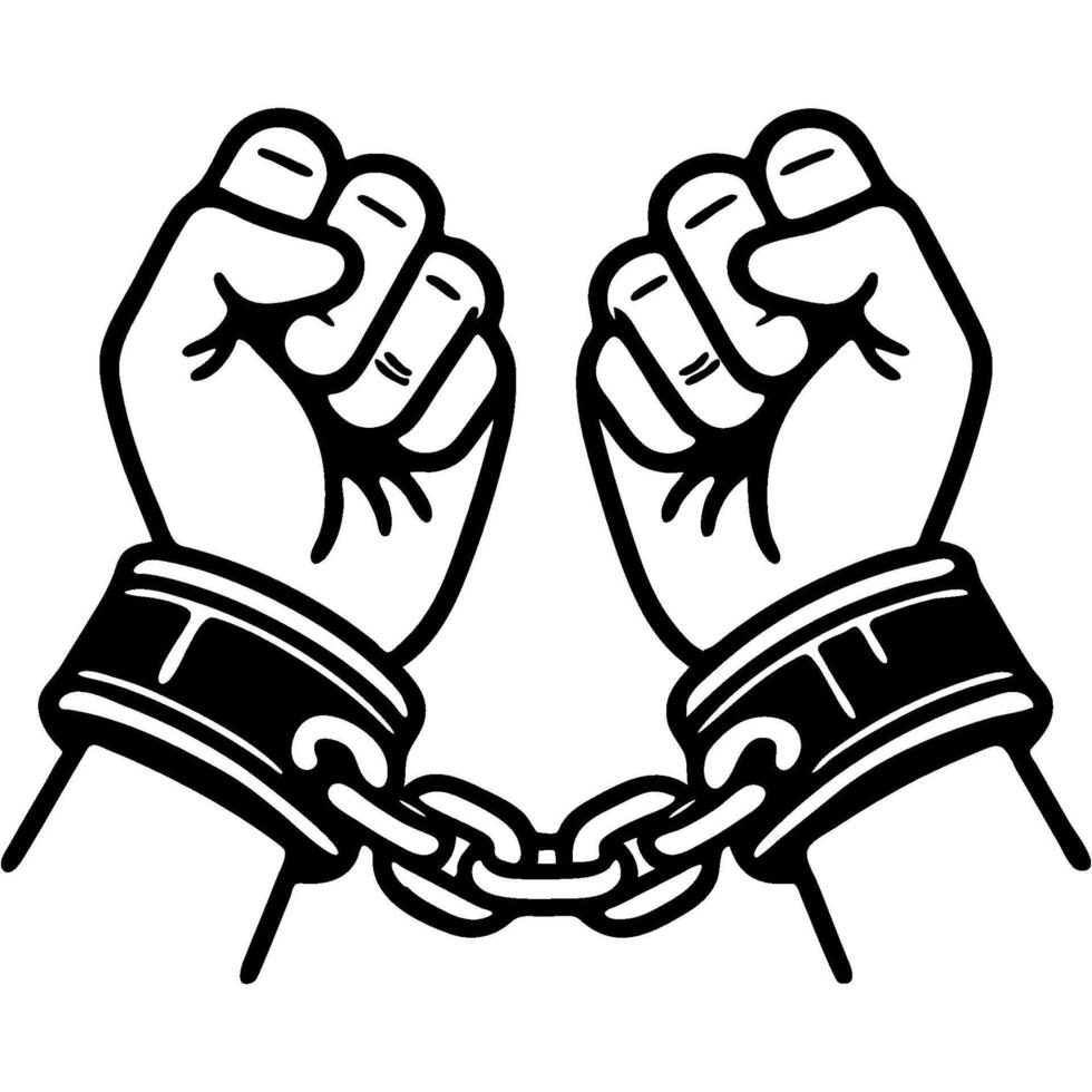 Pair of chained hands are depicted. Oppression and captivity symbolizing loss of freedom in monochrome. Simple minimalistic image in black ink drawing on white background vector