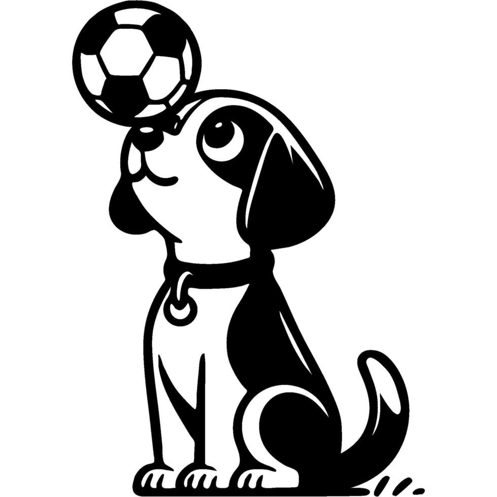 Young dog performs training task of owner and holds soccer ball on nose in monochrome. Simple minimalistic image in black ink drawing on white background vector