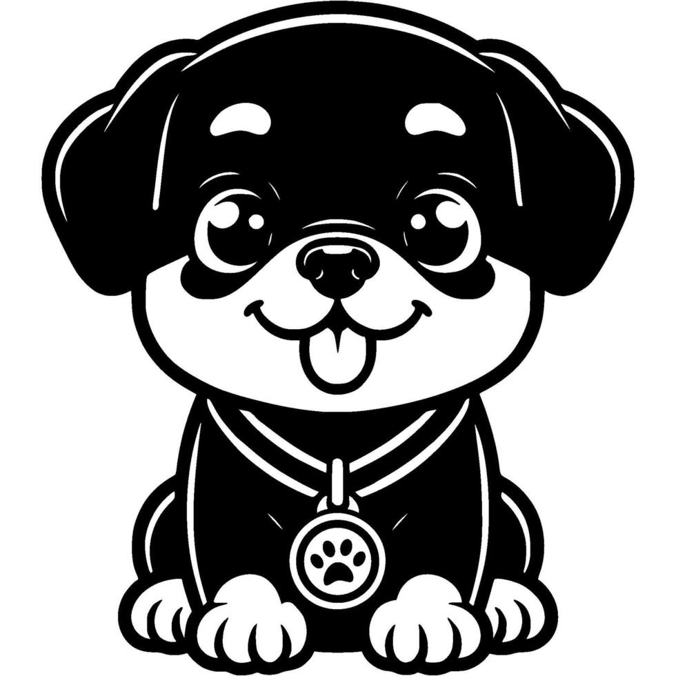 Rottweiler puppy with dog show winner medal worn around its neck in monochrome. Simple minimalistic image in black ink drawing on white background vector