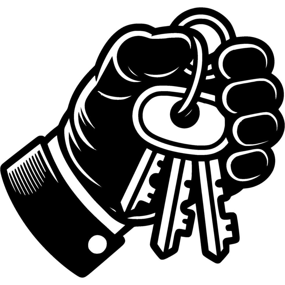 Hand of a burglar holding a bunch of keys for picking a lock in monochrome. Simple minimalistic image in black ink drawing on white background vector