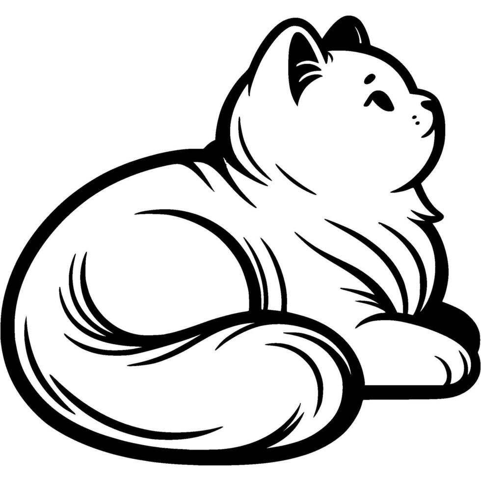 Fluffy cat is waiting for the owner lying down in monochrome. Simple minimalistic image in black ink drawing on white background vector