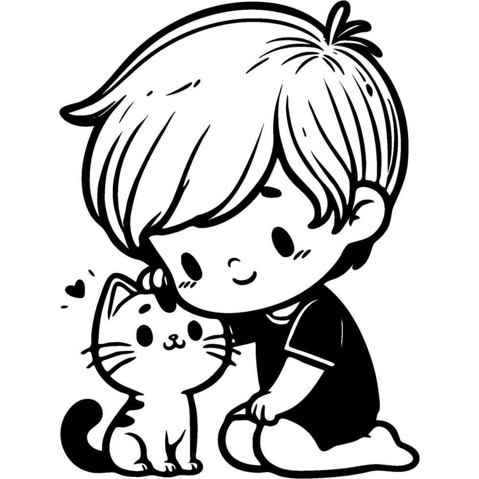 Boy strokes head of kitten he was given as a gift in monochrome. Simple minimalistic image in black ink drawing on white background vector