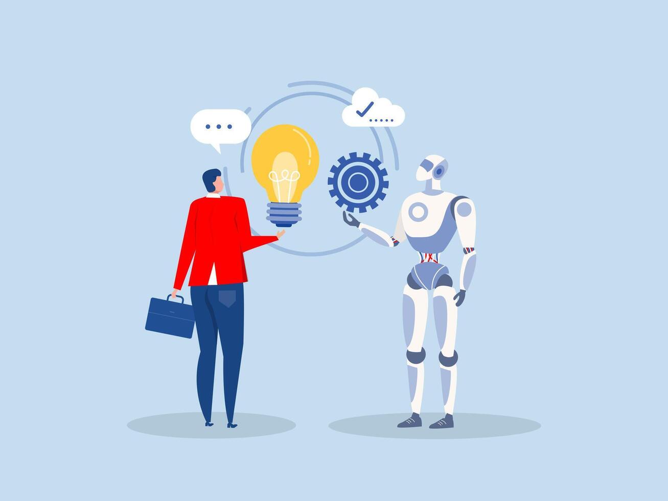 Artificial intelligence and machine learning.Man talking to robot. Conversation between man and artificial intelligence Virtual helper and assistant. Cartoon flat illustration vector