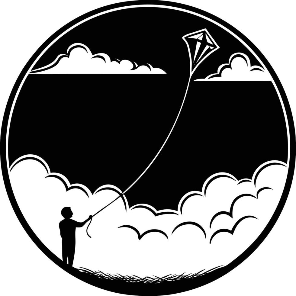 A black and white logo of a man flying a kite vector