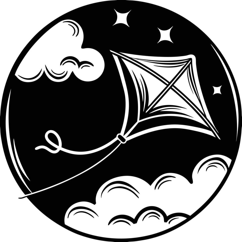 A black and white illustration of a kite flying in the sky vector
