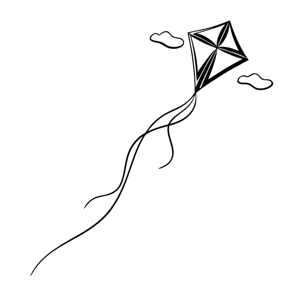 A black and white drawing of a kite flying in the sky vector