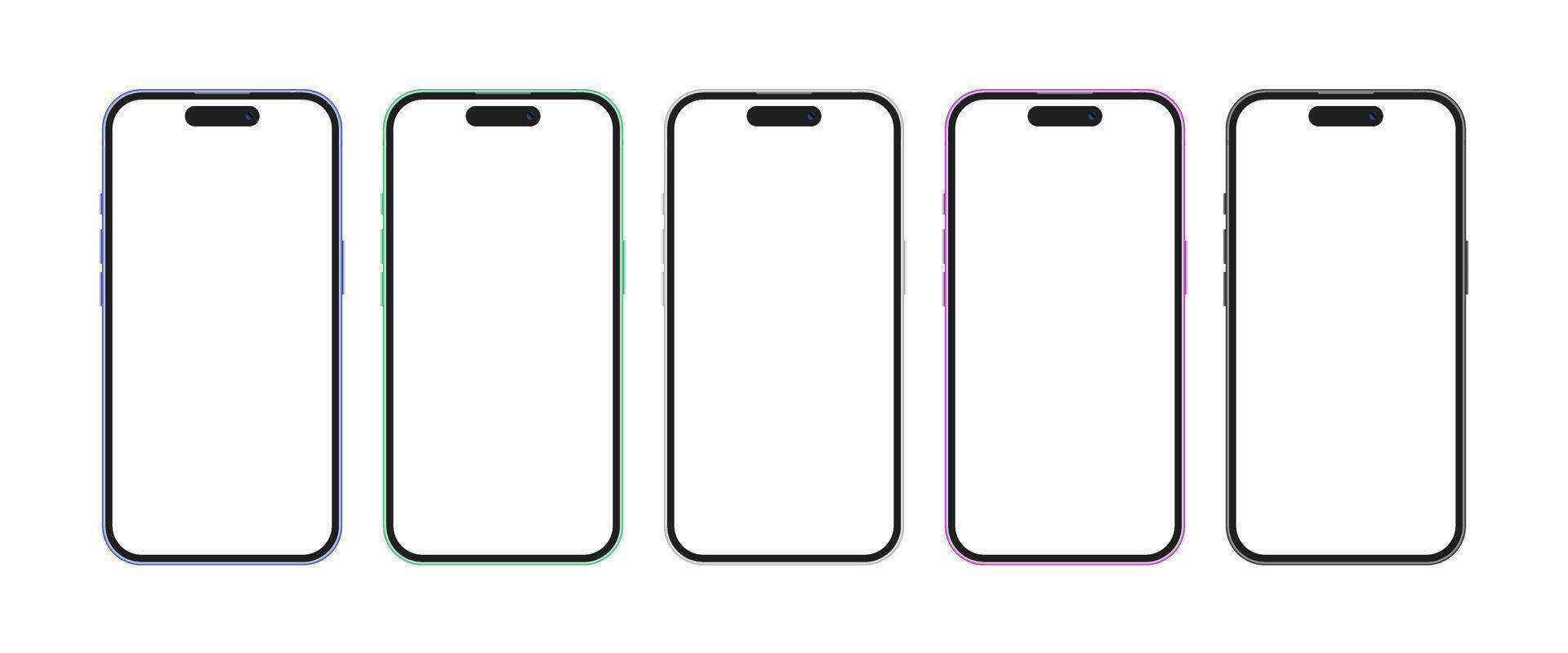 Colorful mobile phone device set illustration. Smartphone mockup template with empty display for user interface design vector