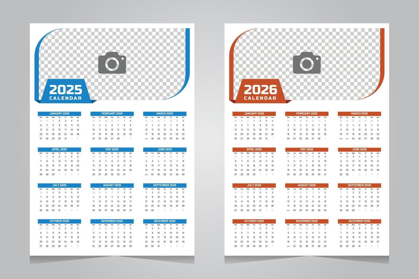 blue and red one page wall calendar for 2025 and 2026 vector