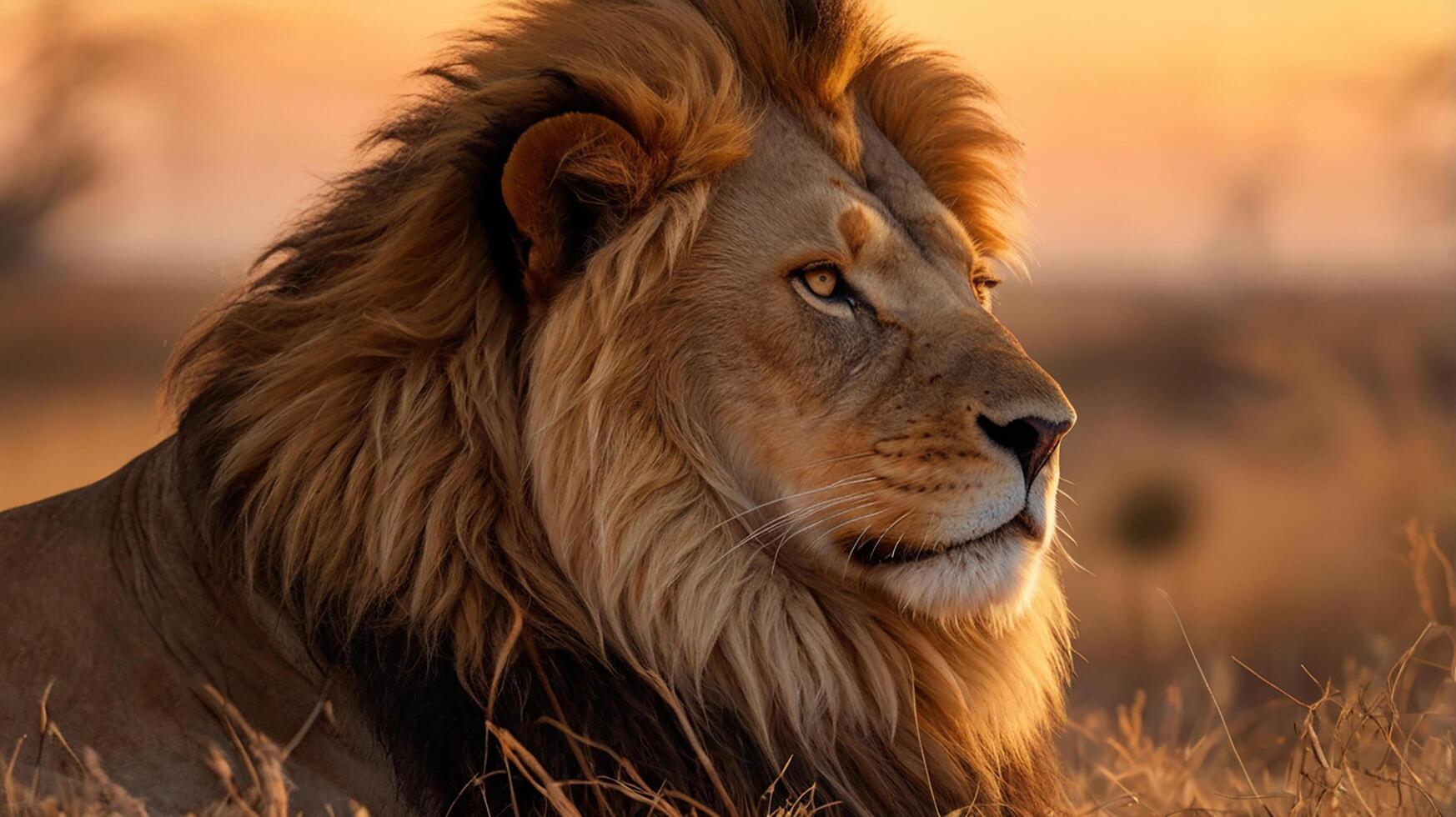 A lion rests on the savanna with a warm background photo