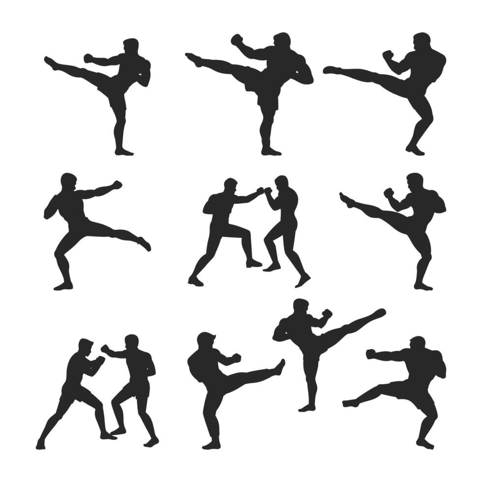 A set of silhouettes of people doing martial arts vector