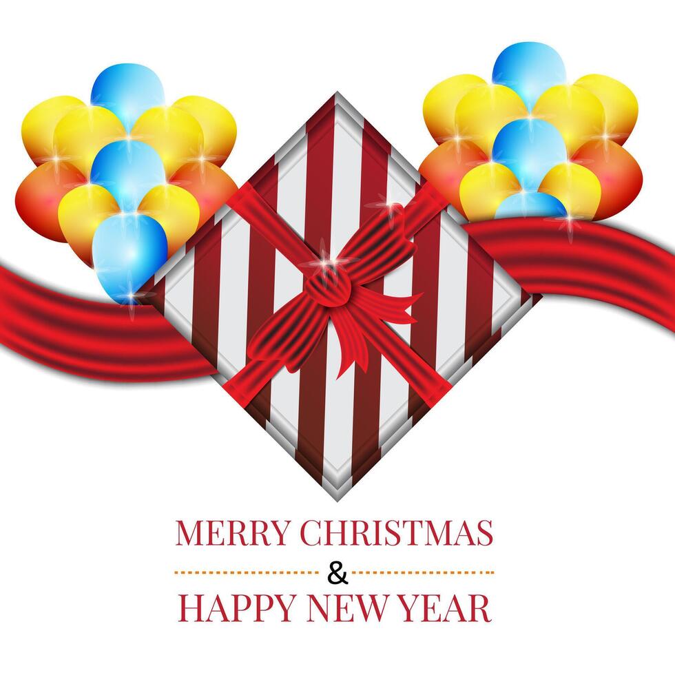 Merry Christmas and Happy New Year Background with Gift Box and Red Bow in Horizontal Ribbon Design vector