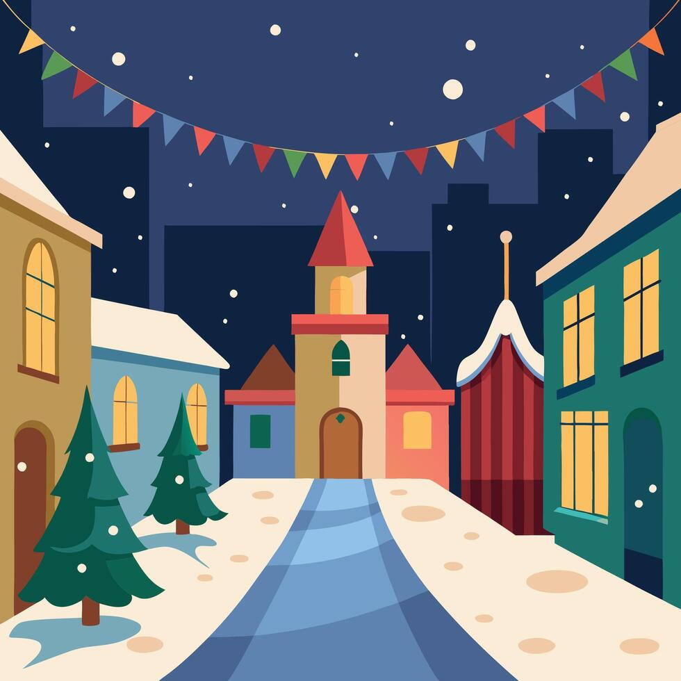 Christmas village street with houses and trees at night vector