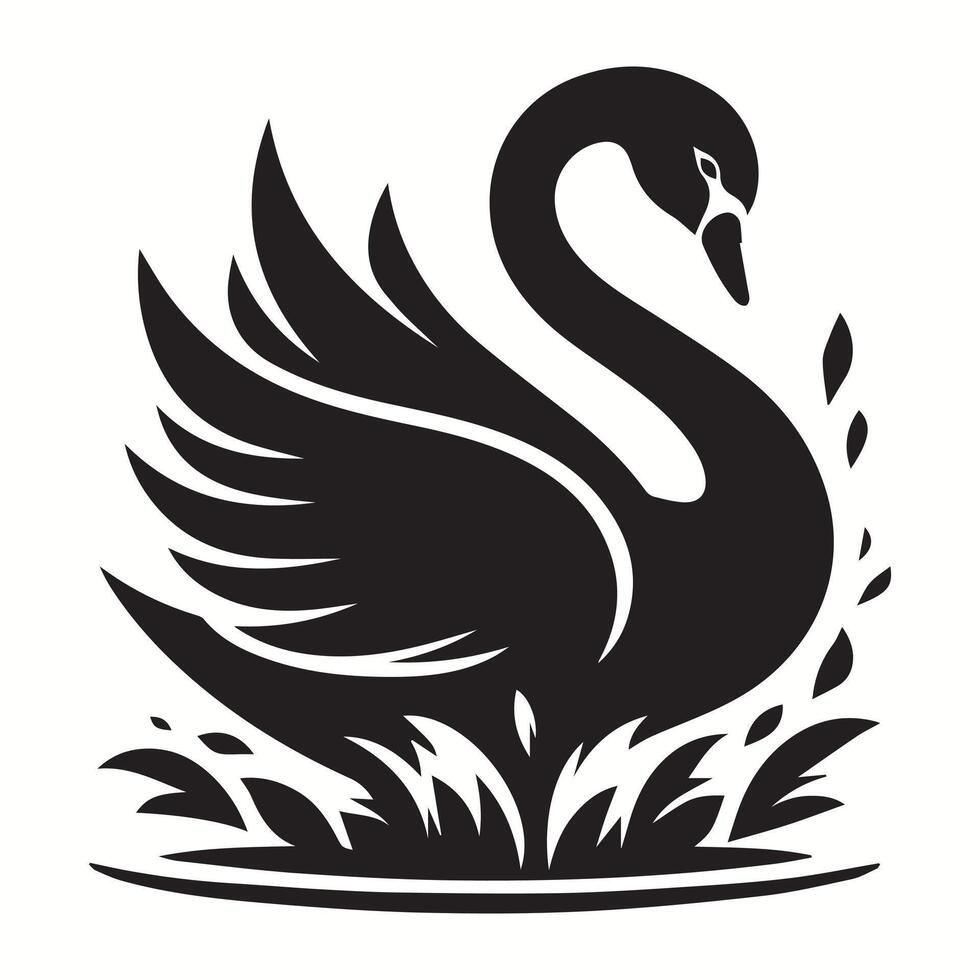 a black swan on a pond with leaves vector