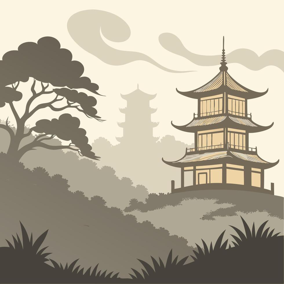 Asian landscape with pagoda and trees vector
