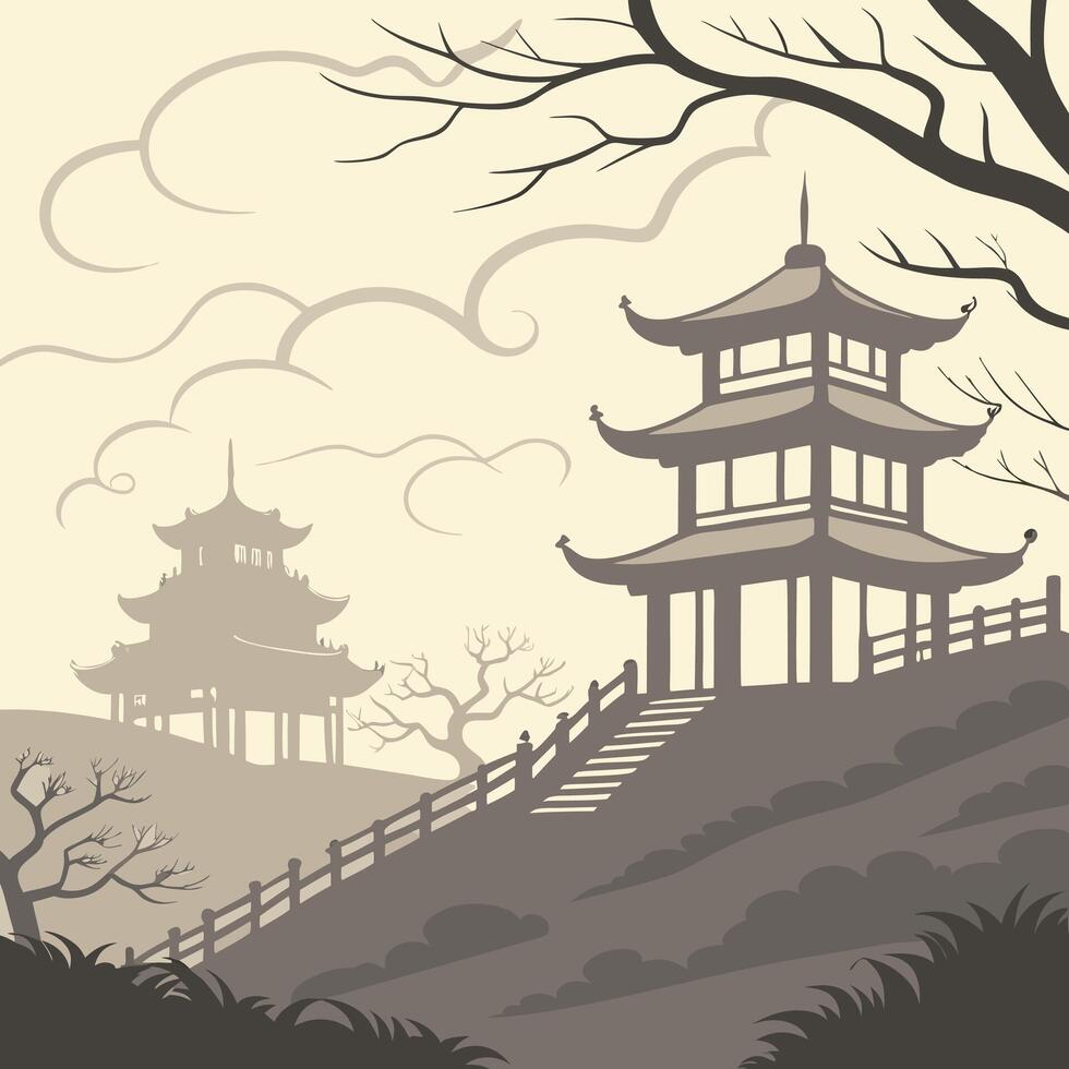 Asian landscape with pagoda and trees vector