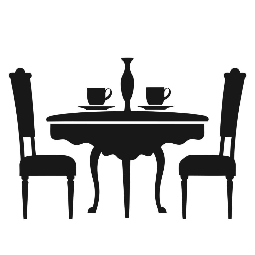 a black and white illustration of a table and chairs vector
