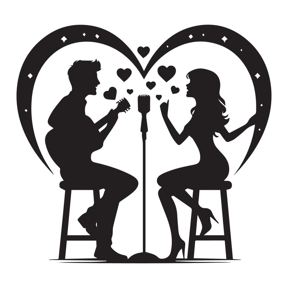 a silhouette of a man and woman singing in front of a microphone vector