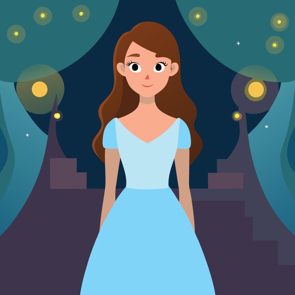 a cartoon girl in a blue dress standing in front of a curtain vector