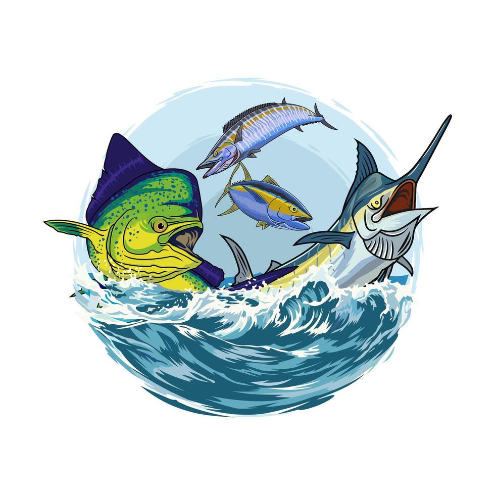 Sailfish marlin tuna mahi mahi dorado wahoo fishing are swimming and jumping on the ocean waves vector