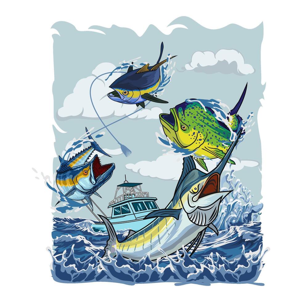 Sailfish marlin tuna mahi mahi dorado wahoo fishing jumping across passing fishing boats vector
