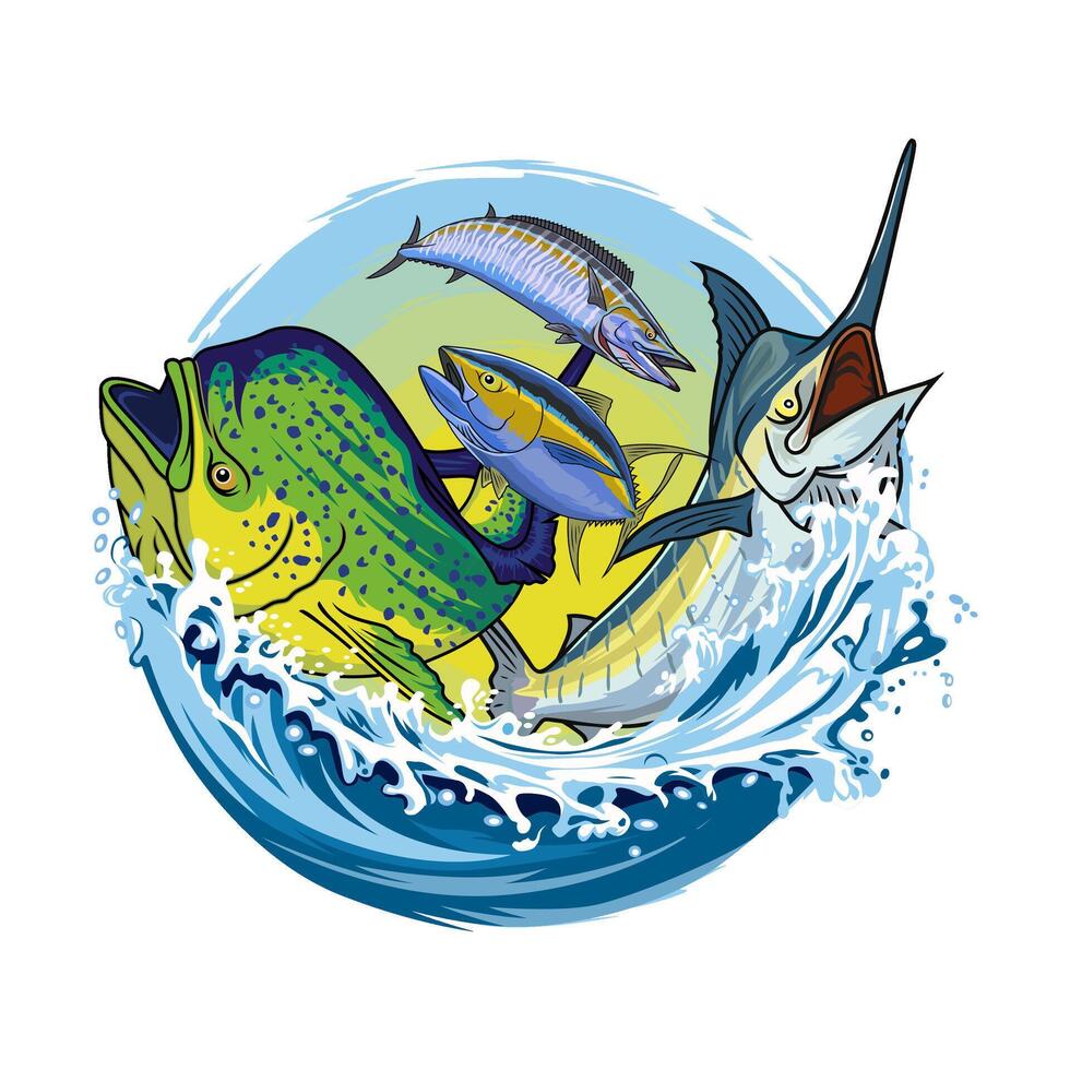 Sailfish marlin tuna mahi mahi dorado wahoo fishing jumping on the rolling waves in the middle of the ocean vector