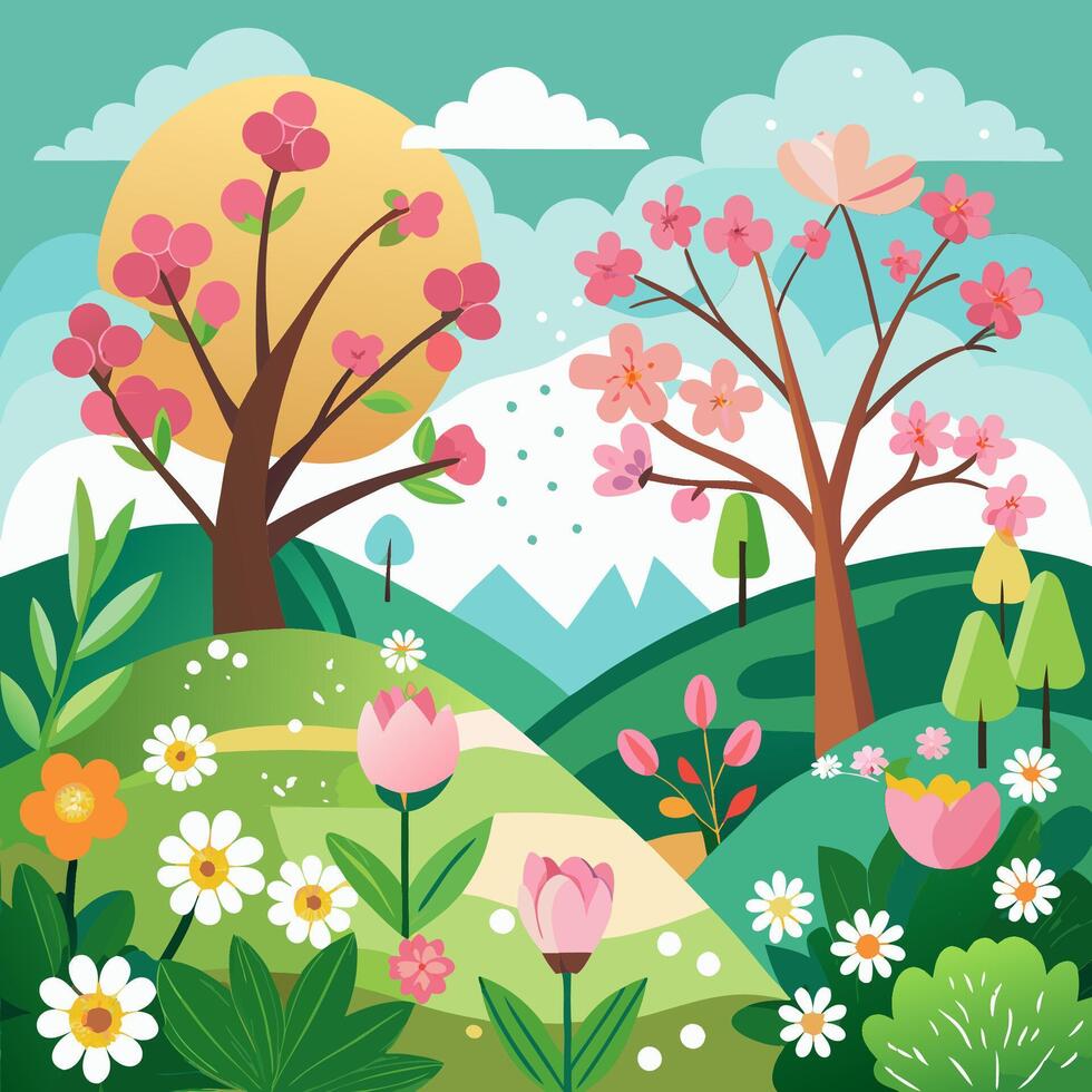 Spring landscape with flowers and trees vector