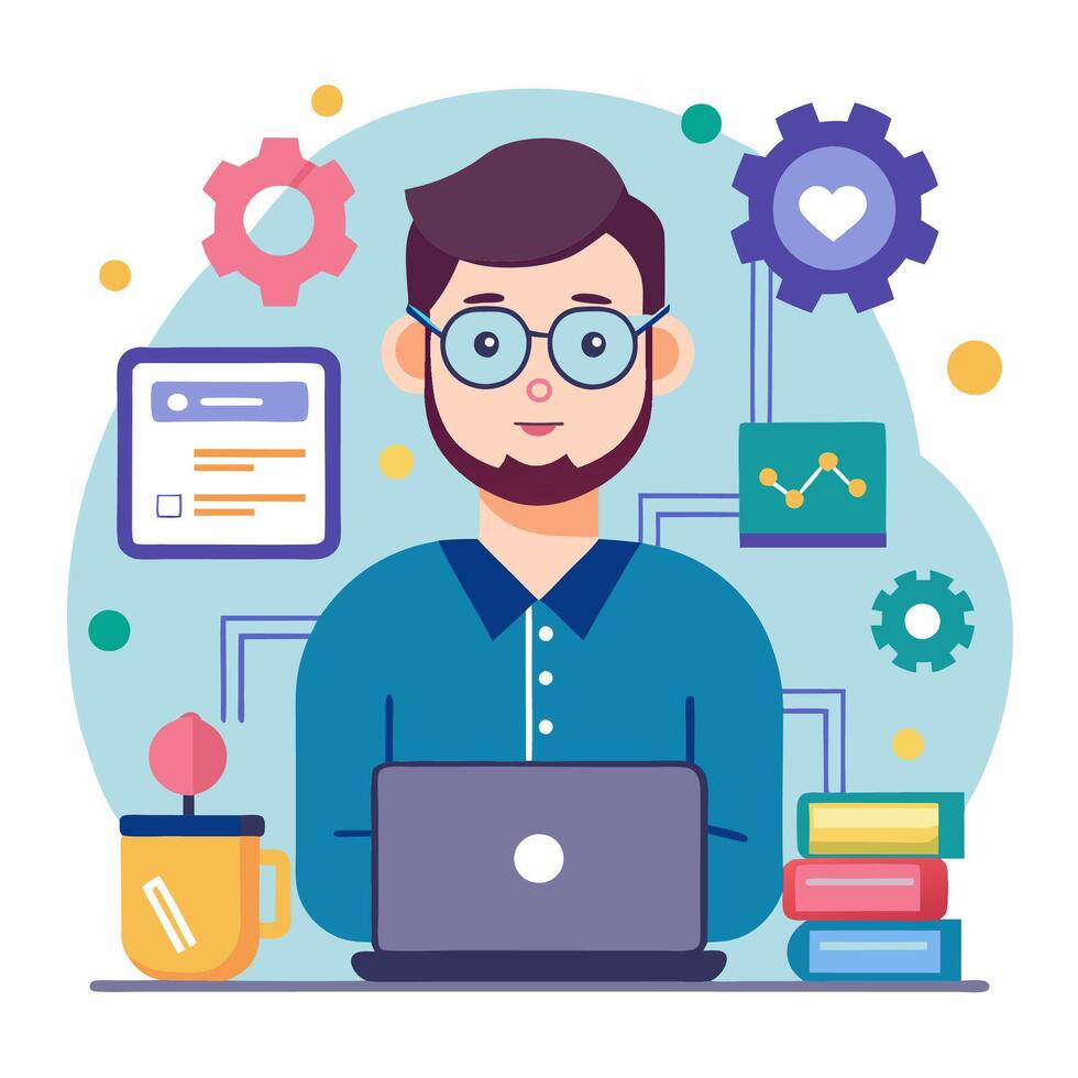 A man with glasses and a laptop is sitting at a desk with a bunch of icons around him vector