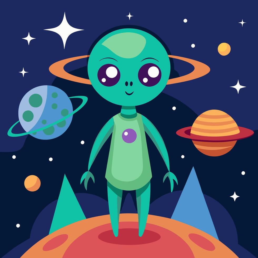 Cartoon alien standing on the surface of the planet vector