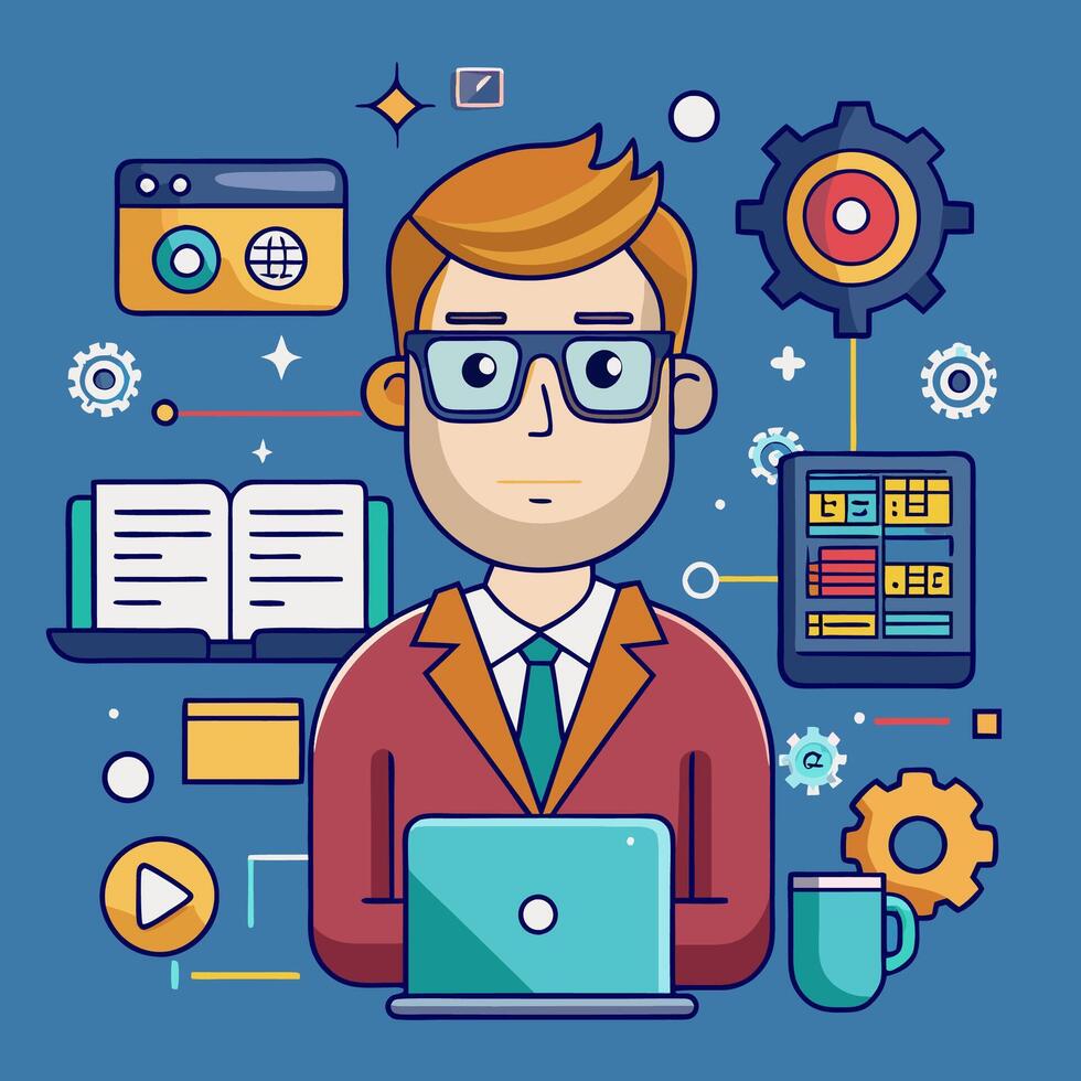 A man with glasses and a laptop is surrounded by icons vector