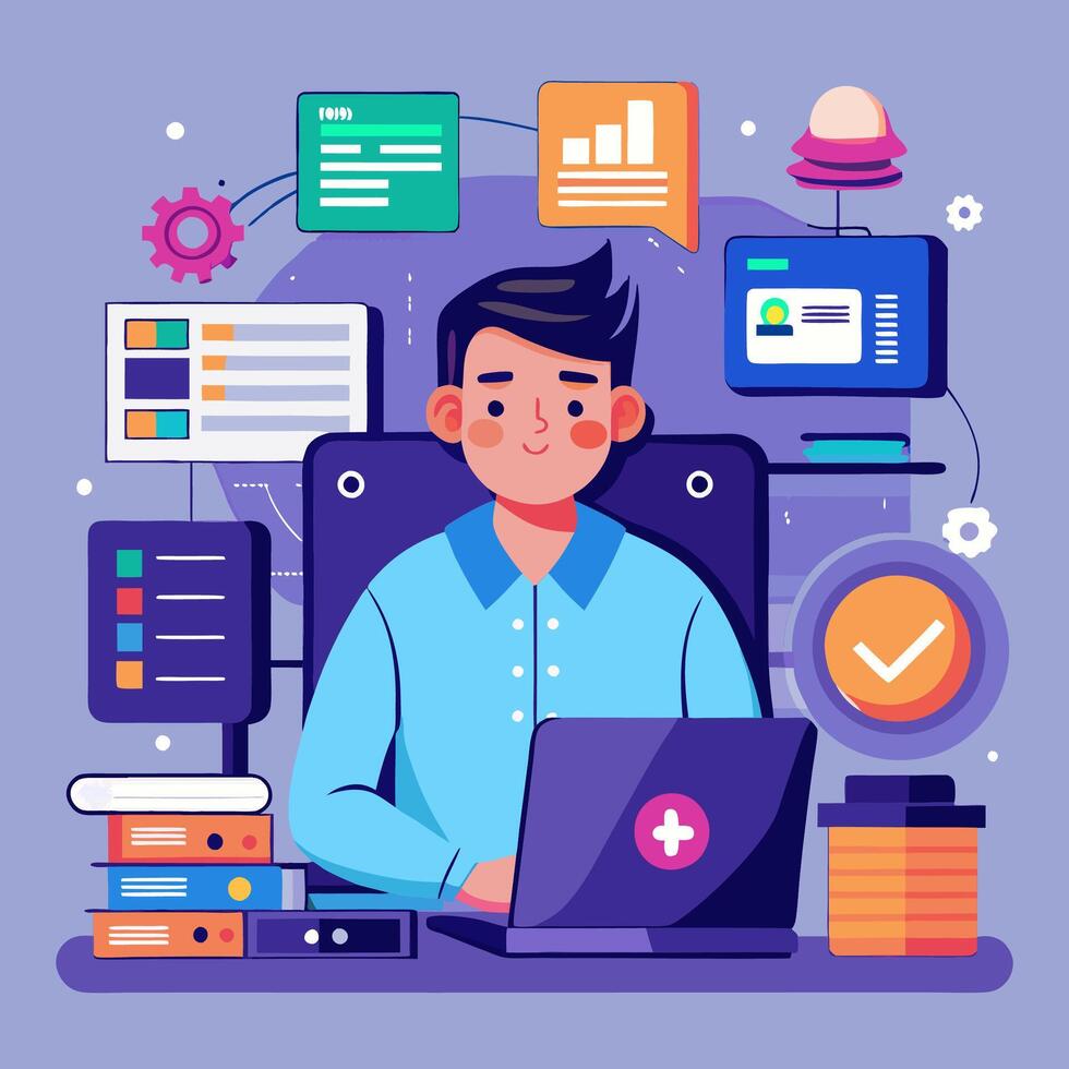 A man sitting at a desk with a laptop and a computer vector