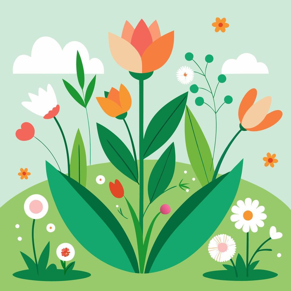 Flowers and grass with clouds and birds vector