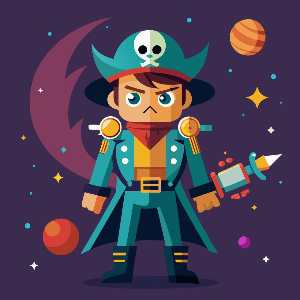 Cartoon pirate with rocket and space background vector