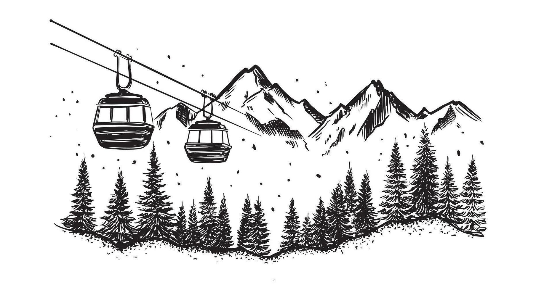 Ski lift in the mountains, hand drawn. vector