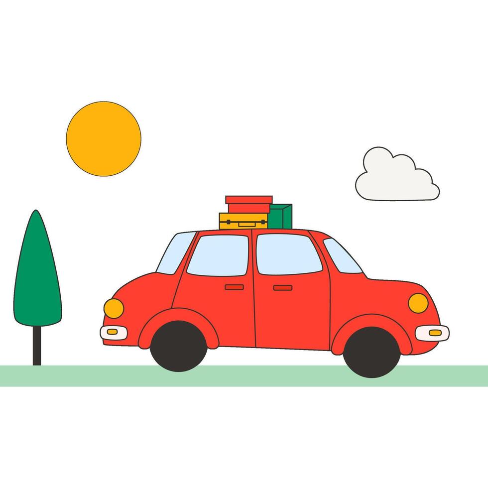 Illustration of travel by car. Road trip driving car on highway. Illustation of holiday and travel with hand drawn and cartoon style vector
