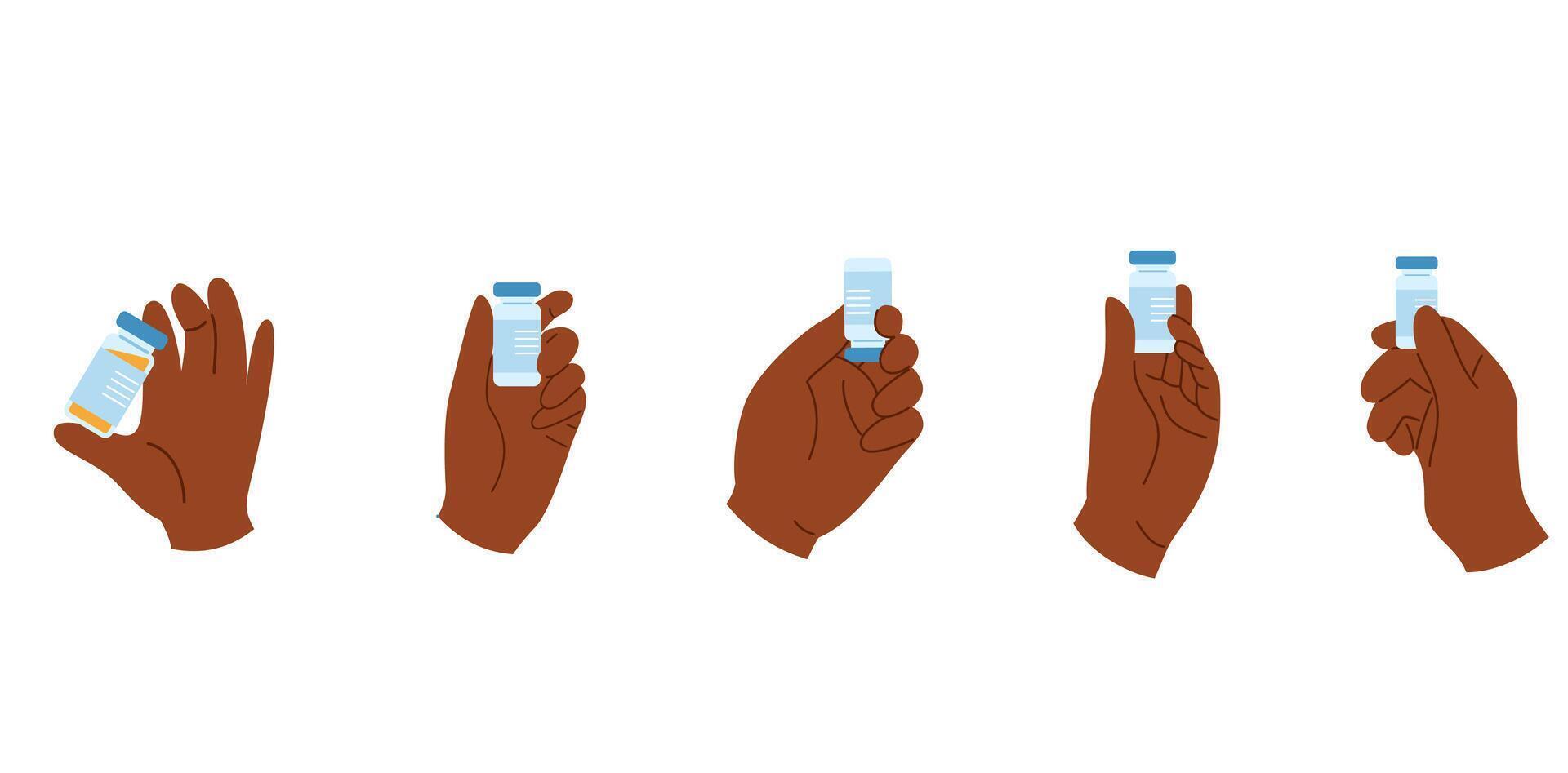 Collection of african american hands holding ampoules with vaccine or serum for injection vector