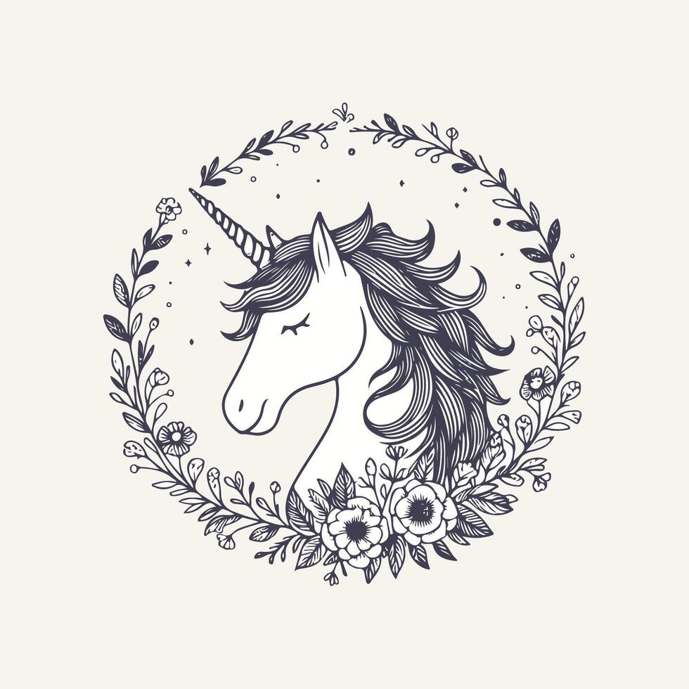 Dreamy Unicorn with Blossoming Floral Wreath Background vector