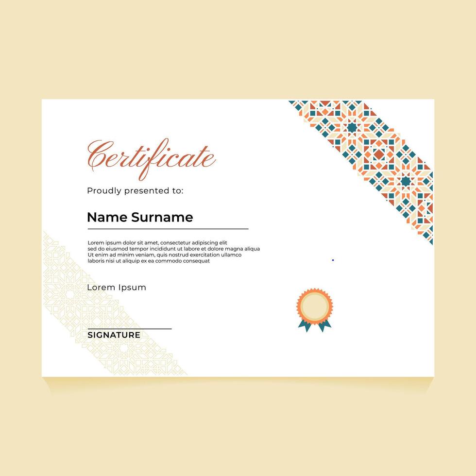 Islamic Diagonal Pastel Ornament Certificate Design vector