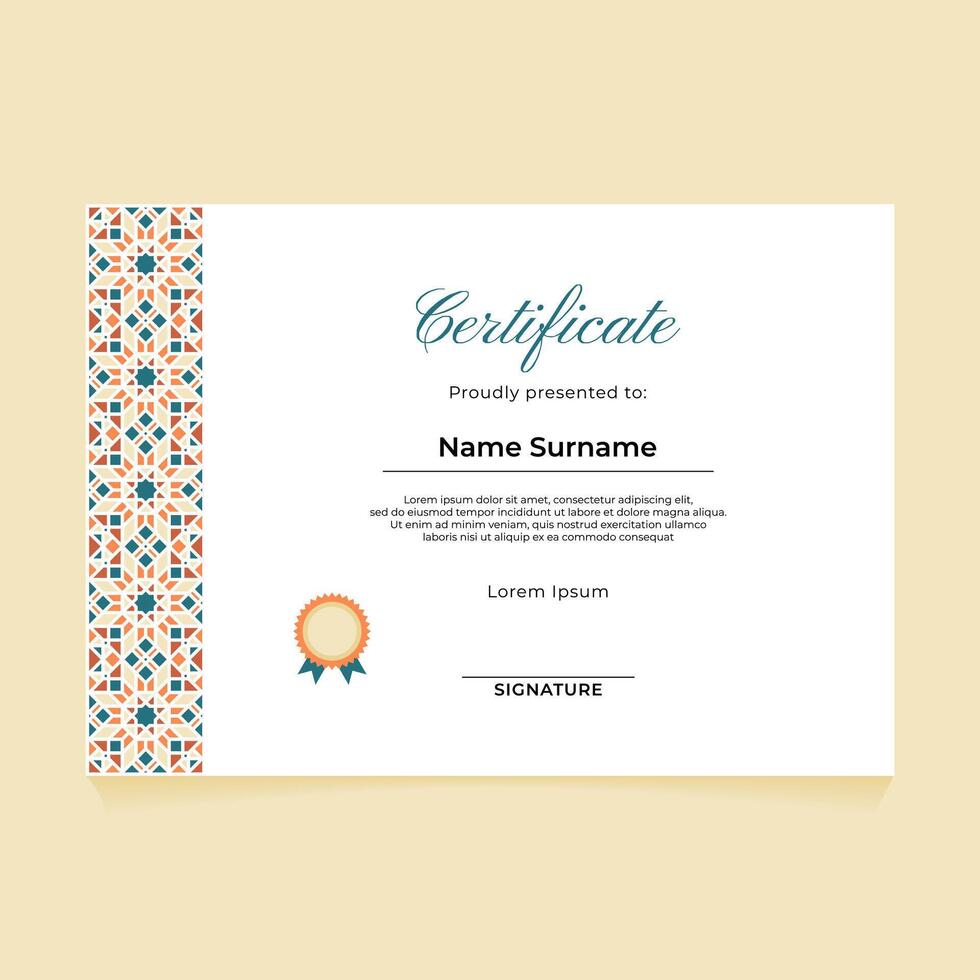Islamic Certificate Design with Pastel Ornament on Left Side vector