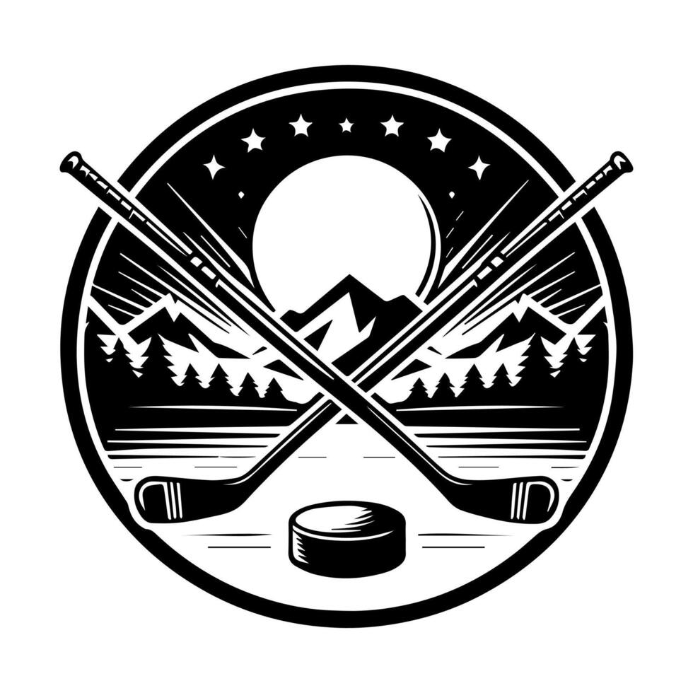 Hockey logo with crossed hockey sticks and mountains vector