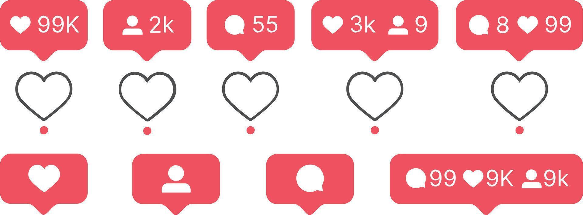 Social media notification bubble flat icons set. Like, comment, follower. vector