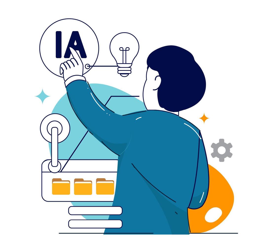 AI technology concept. People and artificial intelligence robots communication. Human using text and image chatbots for business help. Modern flat design illustration. vector