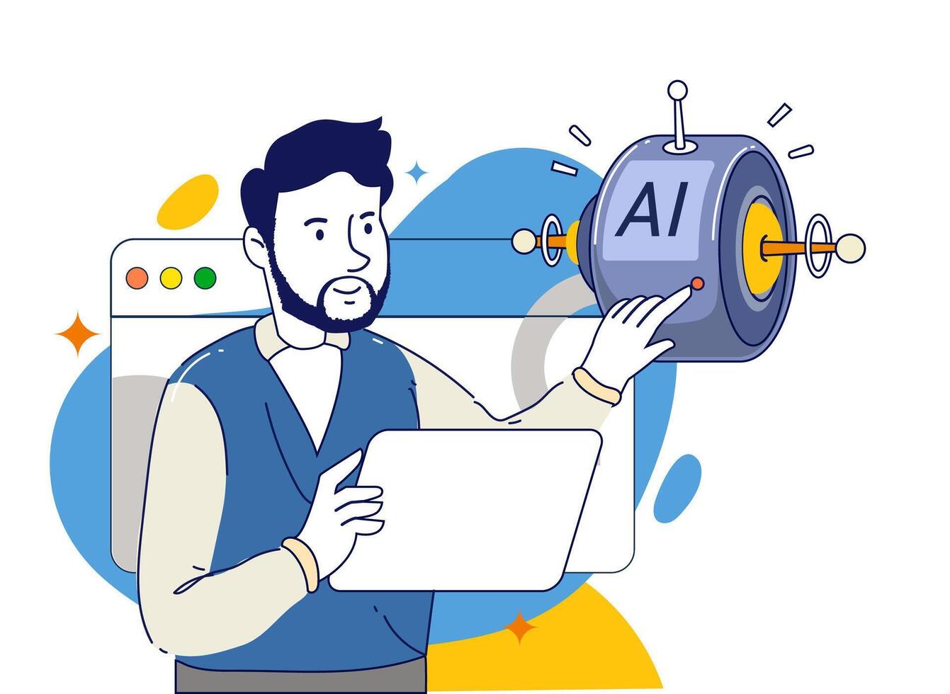 AI technology concept. People and artificial intelligence robots communication. Human using text and image chatbots for business help. Modern flat design illustration. vector