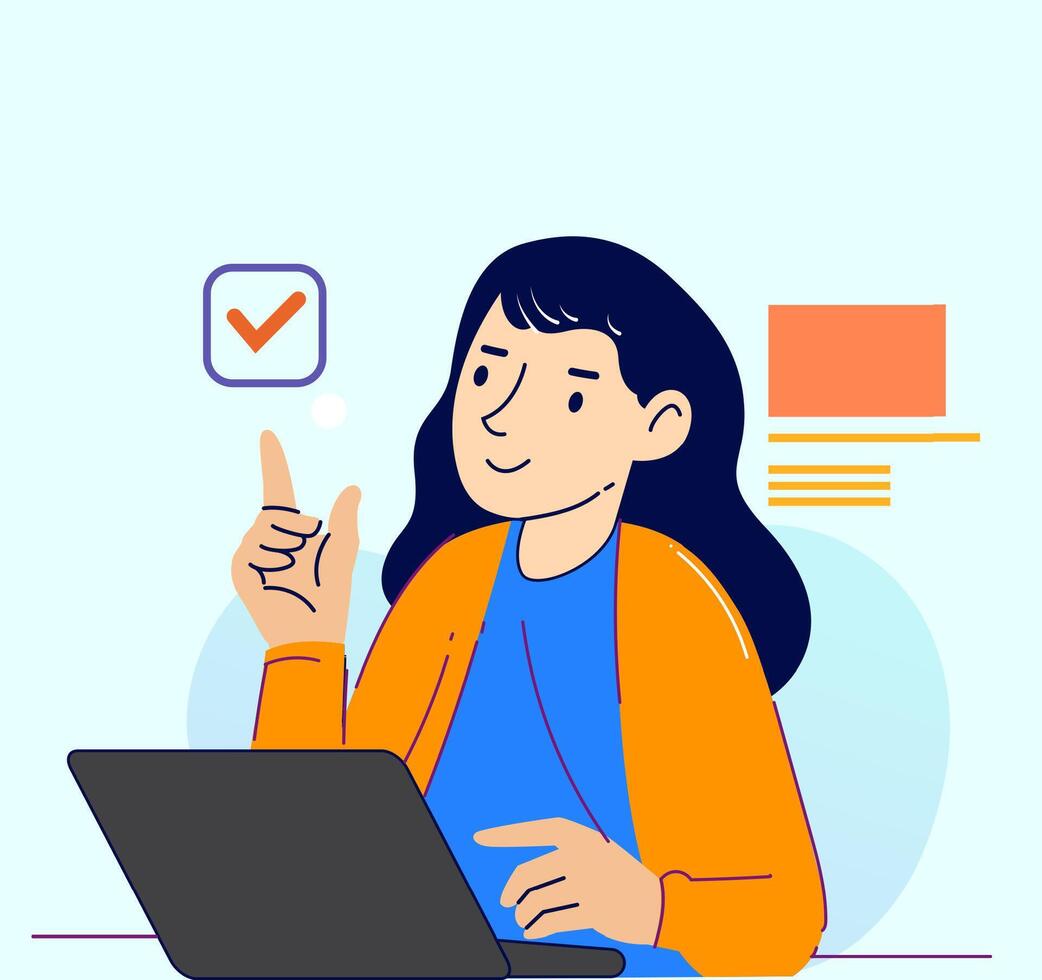 A woman finding Idea illustrations. finding solution, thinking, sharing offers, lightbulbs. Creativity, creation process vector