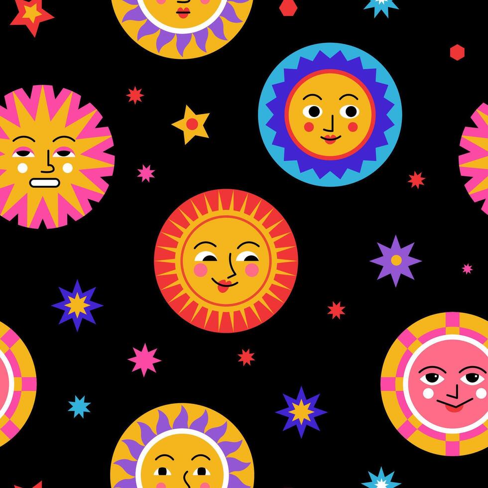 Sun Faces on Black Background vector