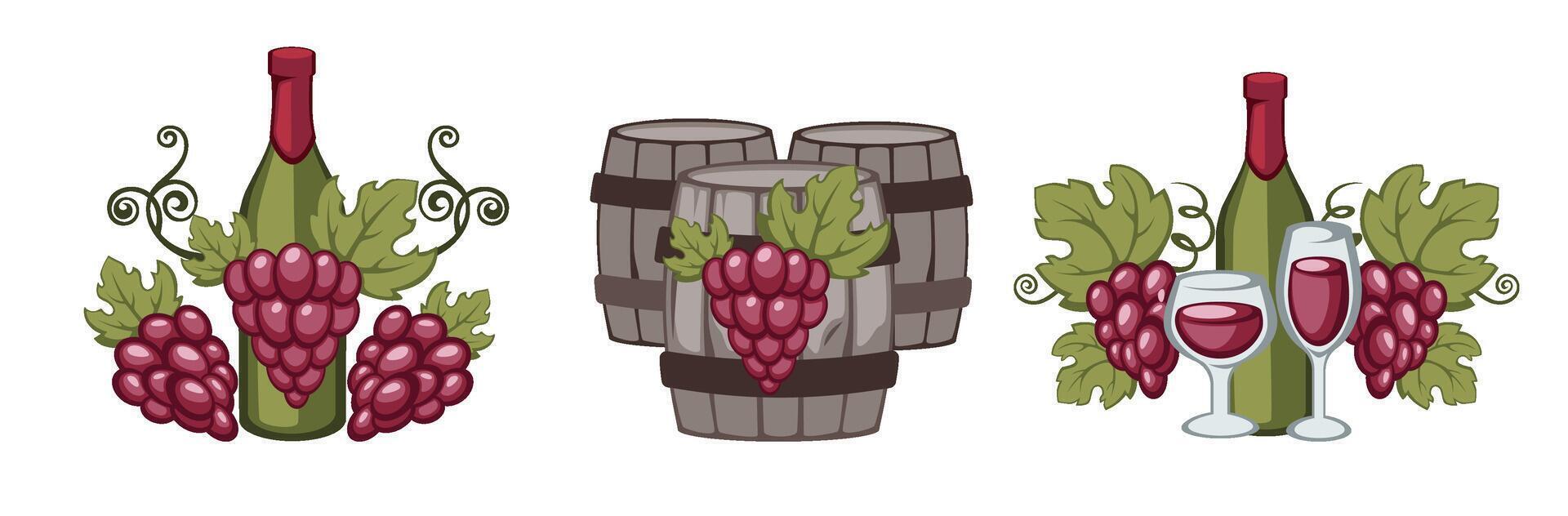 Wine Bottle Grapes Barrel Illustration vector
